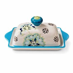 Dutch Wax Hand Painted Ceramic Butter Dish Teal Blue Floral w Lid